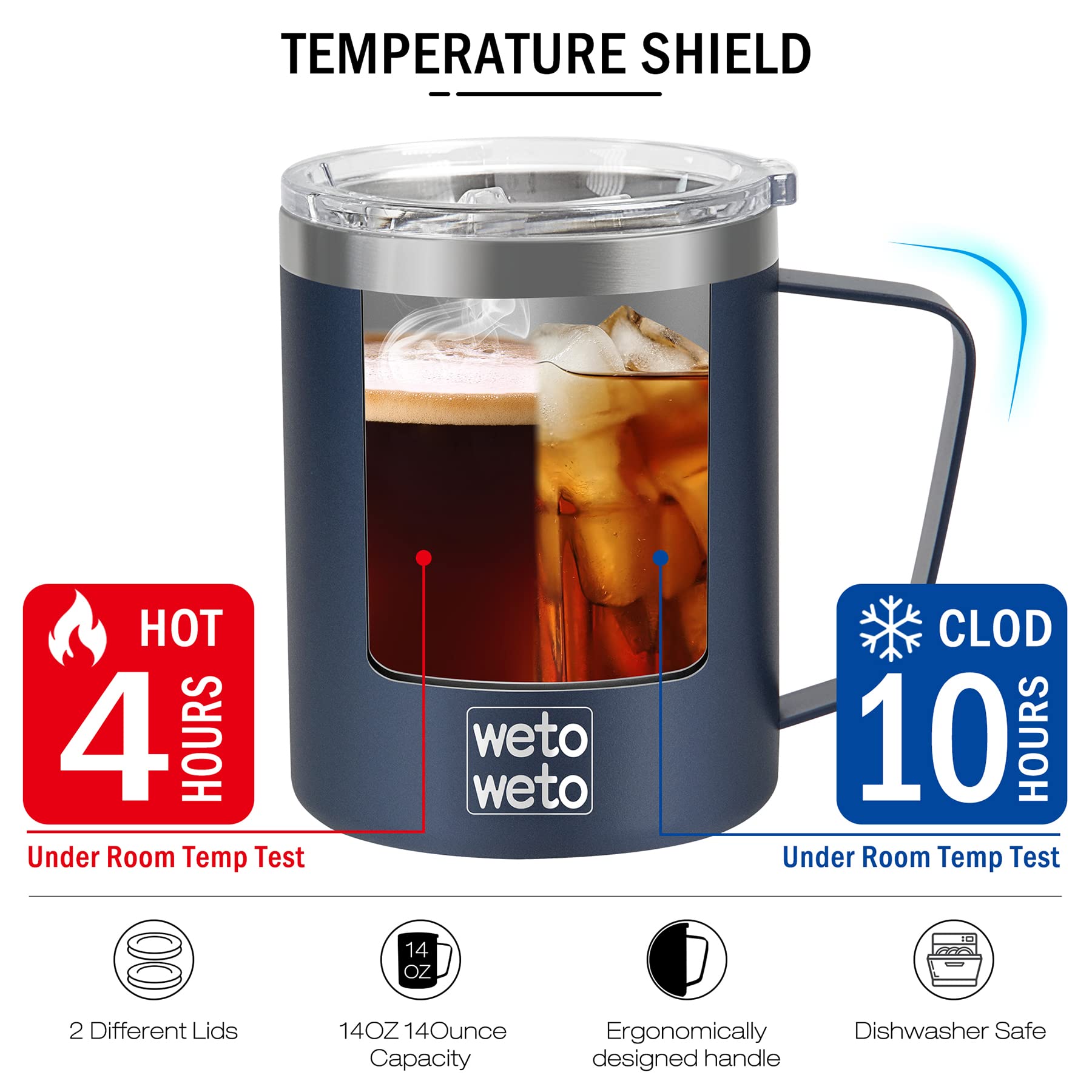 WETOWETO 14 oz Coffee Mug, Vacuum Insulated Camping Mug with Lid, Double Wall Stainless Steel Travel Tumbler Cup, Thermal Coffee Mug, Powder Coated Navy Blue