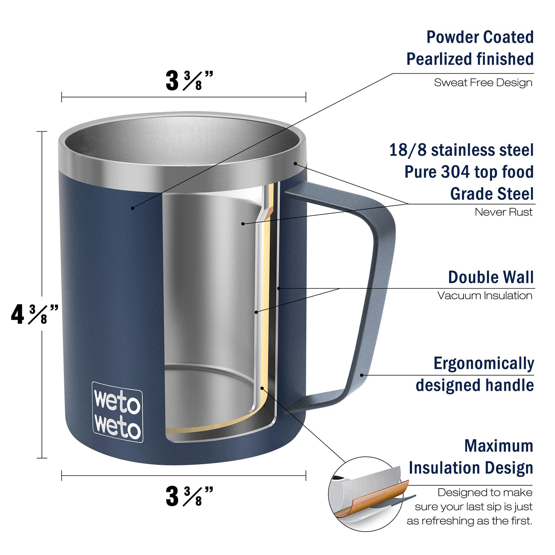 WETOWETO 14 oz Coffee Mug, Vacuum Insulated Camping Mug with Lid, Double Wall Stainless Steel Travel Tumbler Cup, Thermal Coffee Mug, Powder Coated Navy Blue