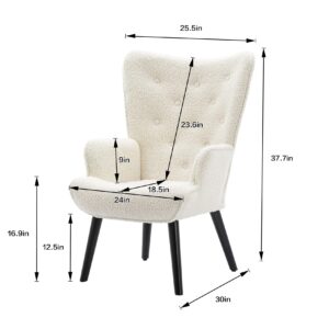 Dolonm Modern Accent Chair Tufted Button Wingback Reading Chair with Arms Upholstered Tall Back Teddy Fleece Fabric Chair with Solid Wood Legs for Living Room Bedroom Waiting Room (White)