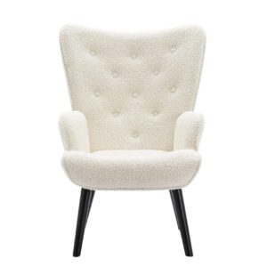 Dolonm Modern Accent Chair Tufted Button Wingback Reading Chair with Arms Upholstered Tall Back Teddy Fleece Fabric Chair with Solid Wood Legs for Living Room Bedroom Waiting Room (White)