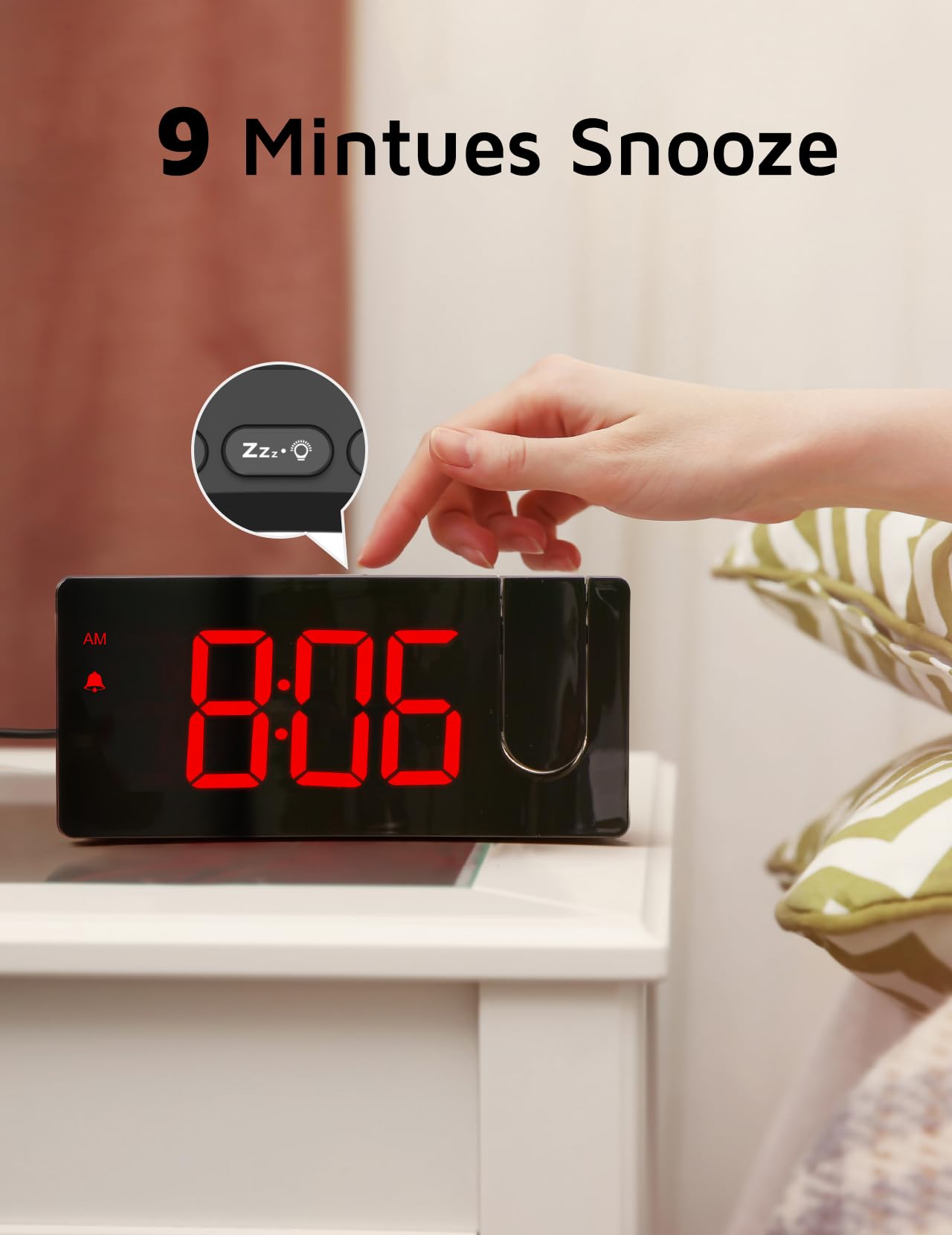 GOLOZA Projection Alarm Clock, Digital Clock with Modern Curved Design 180° Rotatable Projector, 3-Level Brightness Dimmer, Clear Red LED Display, Progressive Volume, 9mins Snooze,12/24H, for Bedroom