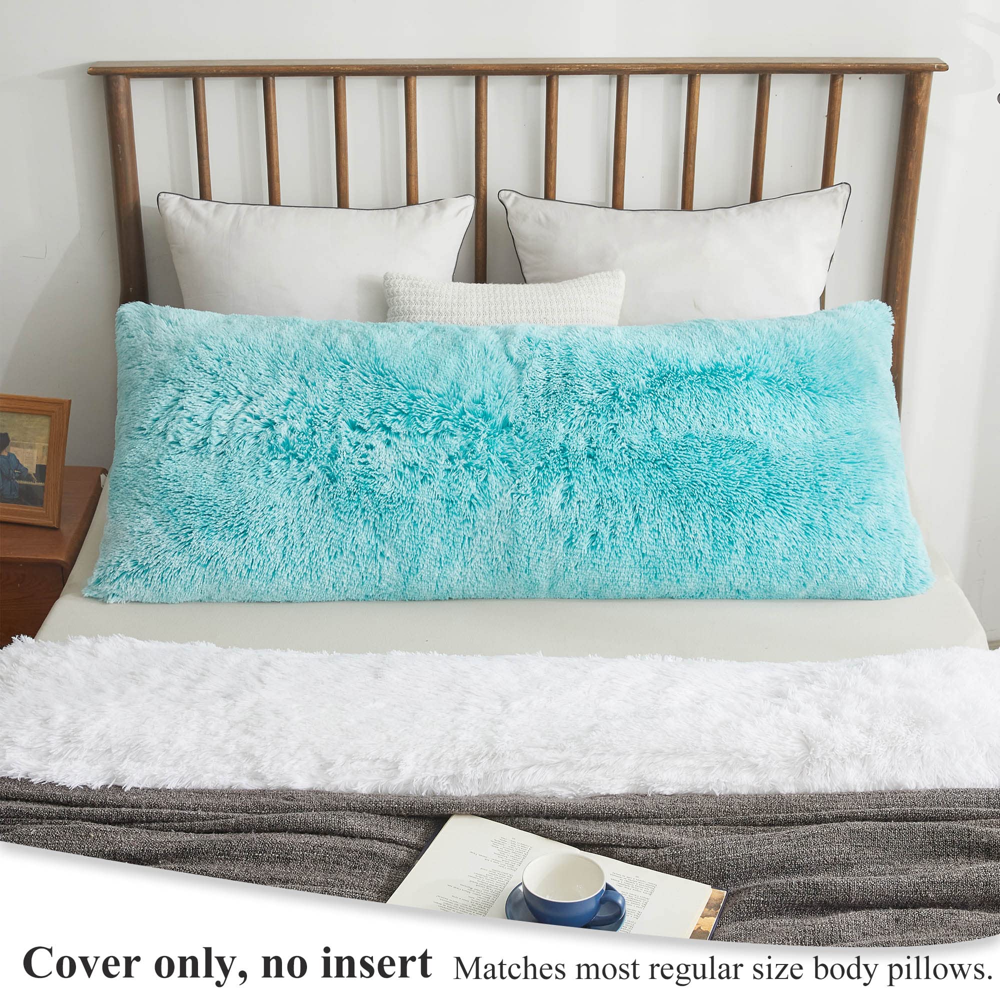 XeGe Cozy 20x54 Long Furry Body Pillow Sham, Plush Fuzzy Faux Fur Body Pillowcase with Zipper, Rectangular Fluffy Pillow Cover for Pregnant Women Side Sleeper, Shaggy Bedding Pillow Aqua Ombre