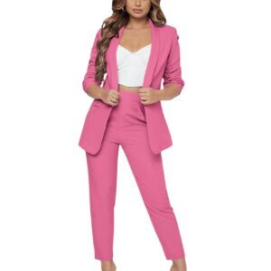 SweatyRocks Women's 2 Piece Solid Ruched Sleeve Blazer and Pants Business Office Suit Set Hot Pink S