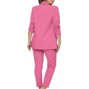 SweatyRocks Women's 2 Piece Solid Ruched Sleeve Blazer and Pants Business Office Suit Set Hot Pink S