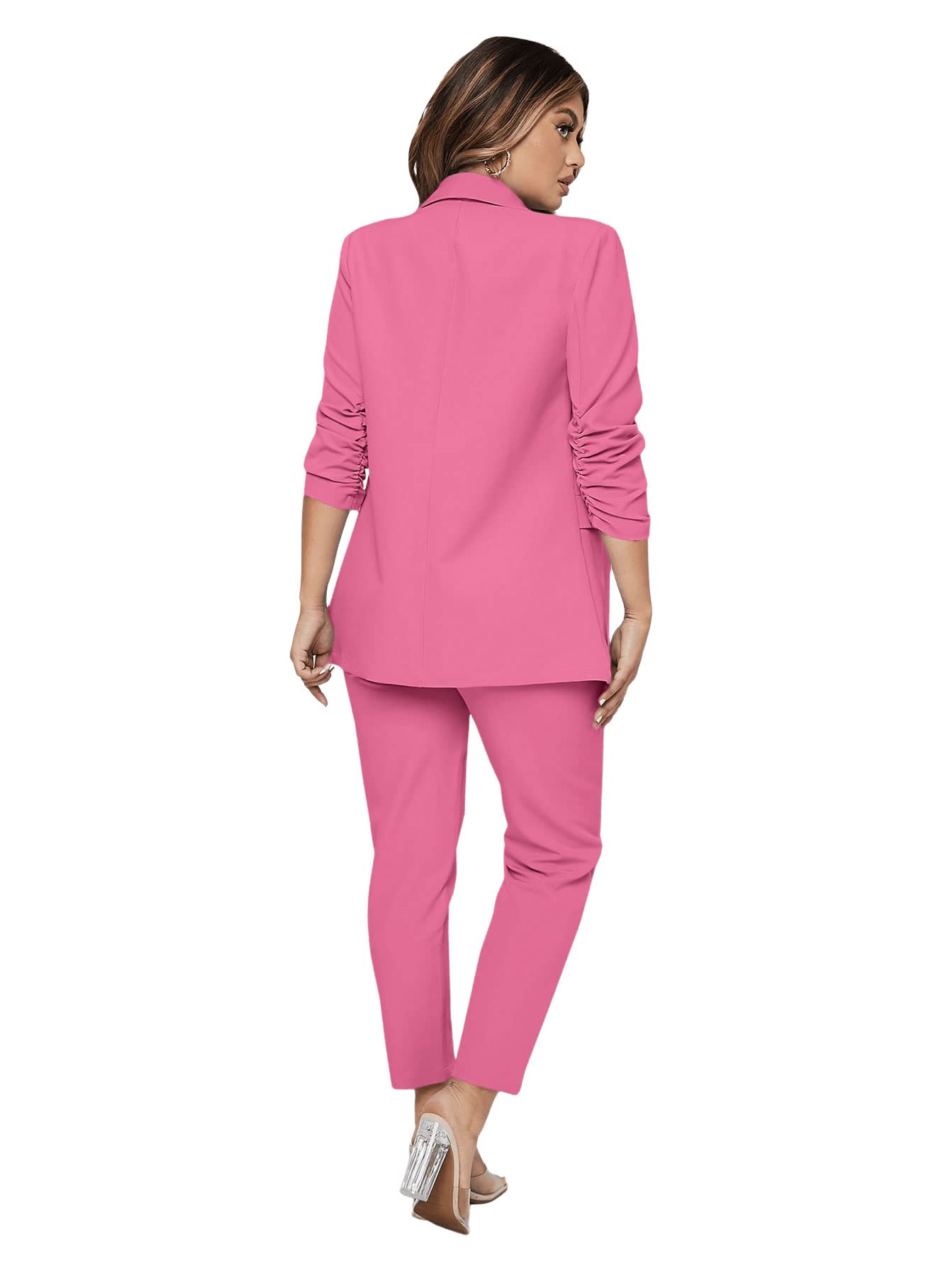 SweatyRocks Women's 2 Piece Solid Ruched Sleeve Blazer and Pants Business Office Suit Set Hot Pink S