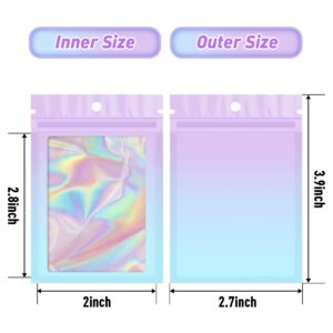 Funfery 100 Pack Gradient Holographic Bags,Mylar Resealable Bags with Zipper,Clear Window Packaging Pouch,Smell Proof Plastic Bags for Food Storage,Sample Jewelry Baggies(2.7×3.9In,Purple Blue)