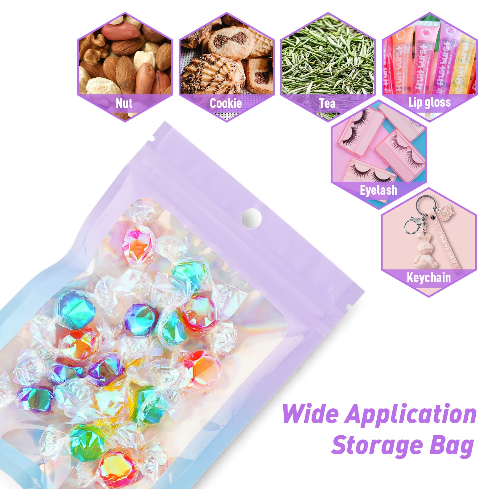 Funfery 100 Pack Gradient Holographic Bags,Mylar Resealable Bags with Zipper,Clear Window Packaging Pouch,Smell Proof Plastic Bags for Food Storage,Sample Jewelry Baggies(2.7×3.9In,Purple Blue)