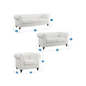 Naomi Home Chesterfield Sofa Set Living Room Chair Juegos Leather Couch Sofa Chair for Bedroom Modern Chesterfield Tufted Leather Chair Leather Sofas for Living Room (3 Piece Sofa Set, White)