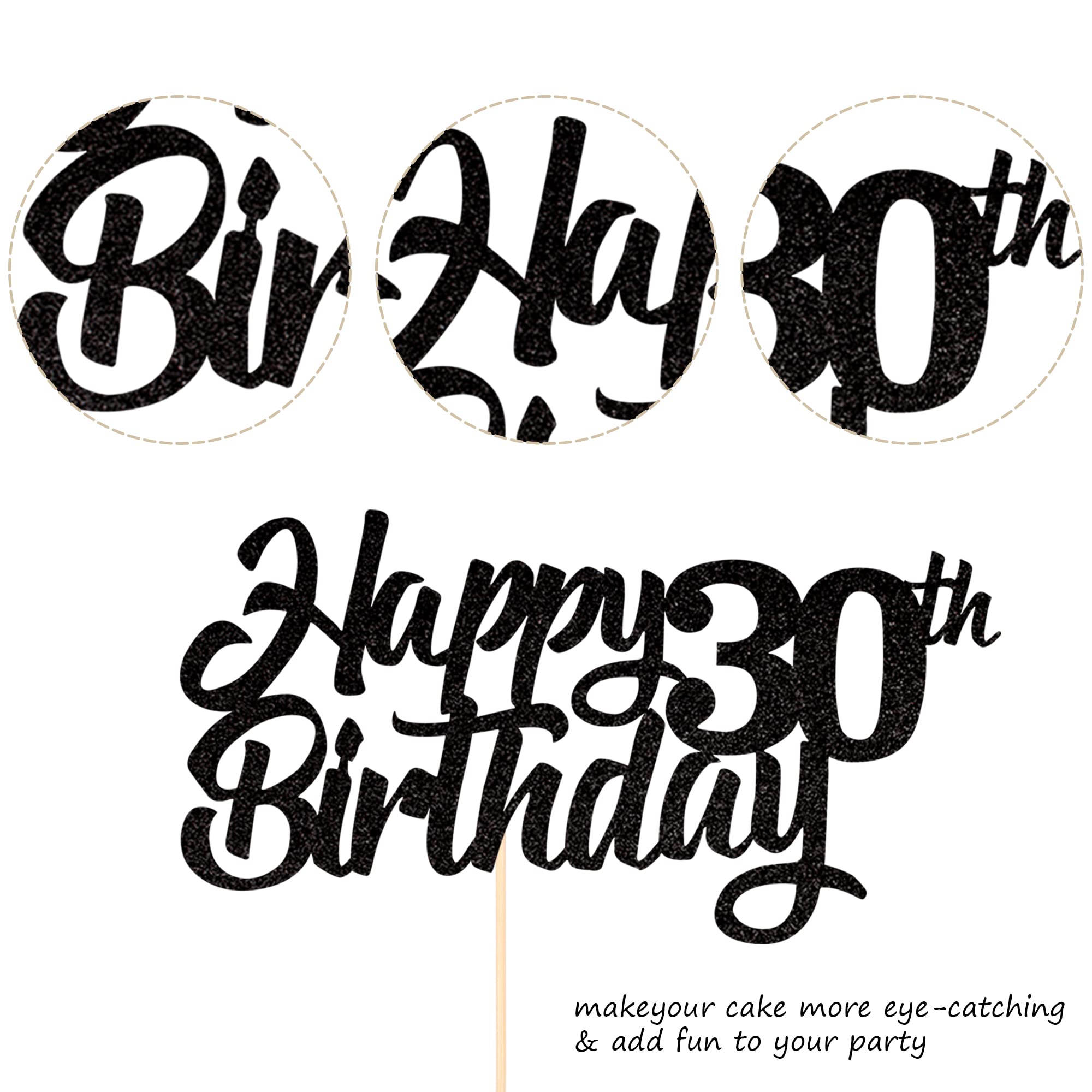 1 Pack Happy 30th Birthday Cake Topper Glitter 30th Birthday Cake Pick Cheers to 30 Years Old Thirty Fabulous Cake Decorations for 30th Birthday Theme Party Supplies Black