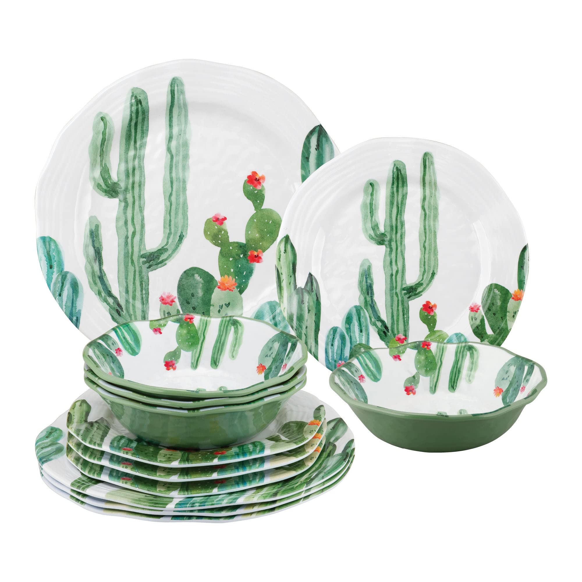 UPware 12-Piece Melamine Dinnerware Set, Includes Dinner Plates, Salad Plates, Bowls, Service for 4. (Desert Cactus)