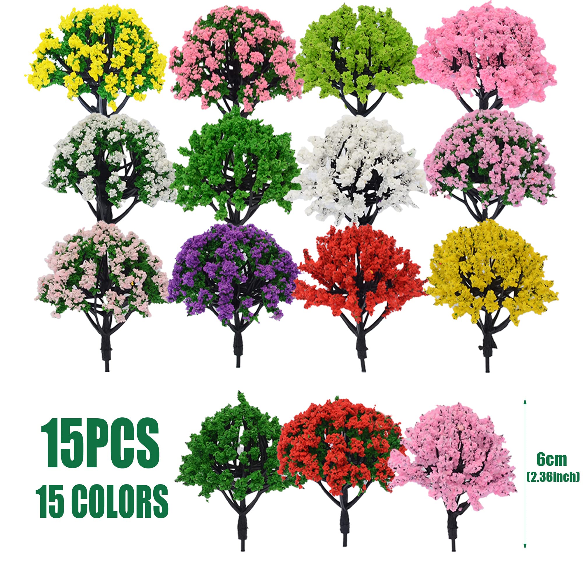 Cayway 15 PCS Miniature Trees Mixed Model Trees, Mixed Colors Accessories Model Train Scenery Architecture Trees Fake Trees for Building Model, Model Scenery with No Bases for DIY Crafts, 15 Colors