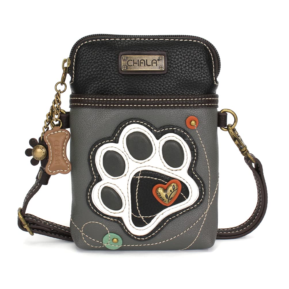 CHALA Cell Phone Crossbody Purse-Women PU Leather/Canvas Multicolor Handbag with Adjustable Strap - Paw Print - b&w -gray