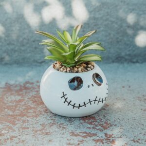 Toynk Disney The Nightmare Before Christmas Jack Skellington 3-Inch Ceramic Mini Planter with Artificial Succulent | Small Flower Pot, Faux Indoor Plants for Desk Shelf, Home Decor Trinket Tray