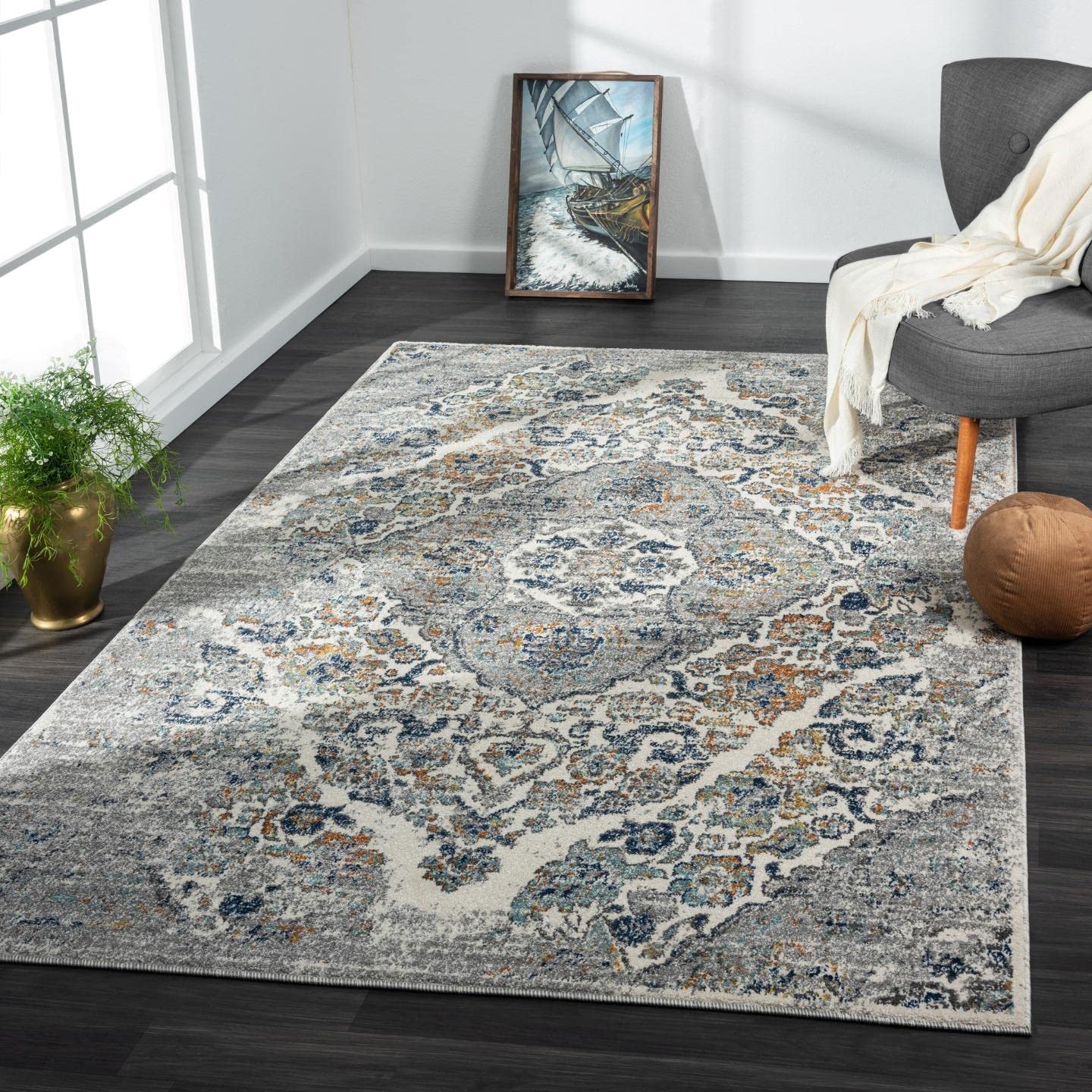 Luxe Weavers Distressed Floral Area Rug, Steel 8x10