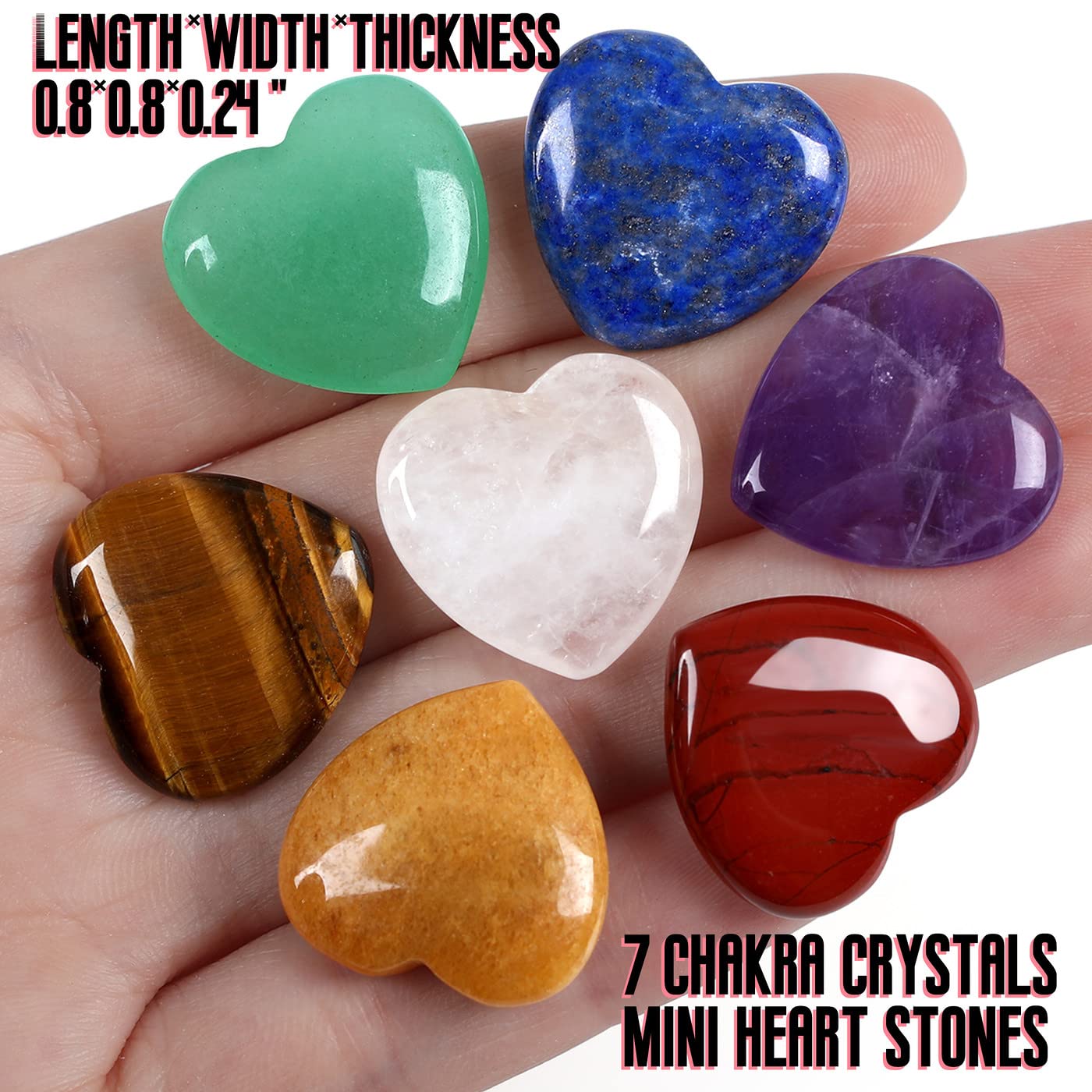 7 PCS Chakra Heart Crystals Pocket Natural Stones Polished Amethyst Palm Assorted Healing Crystal Love Shaped Gemstones 0.8" Set Reiki Energy Balancing Meditation Mother's Day Gift