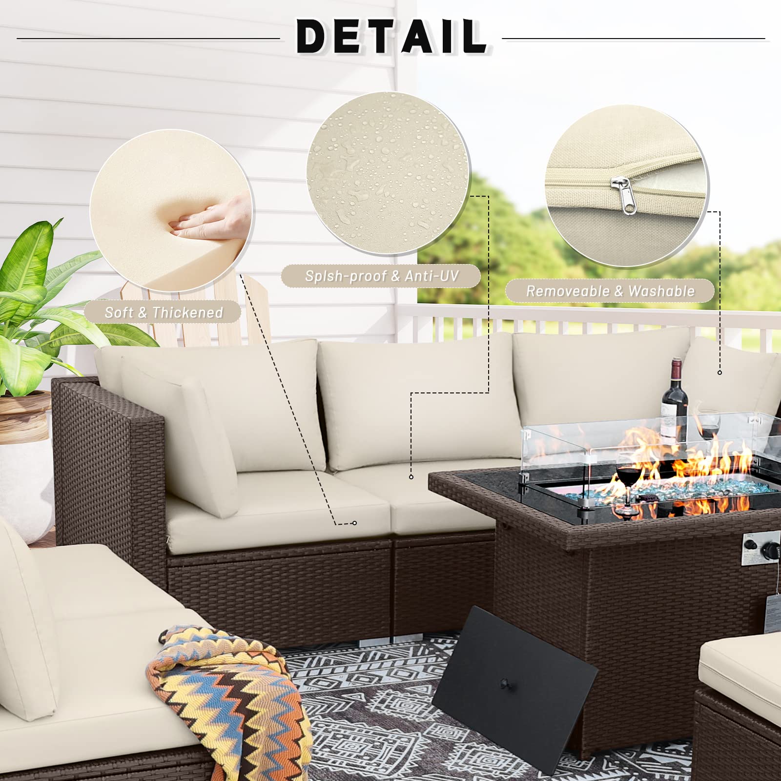 BULEXYARD High Back Brown PE Rattan Outdoor Patio Furniture Set with Propane Fire Pit Table, Large Wicker Outside Sectional Furniture Sofa Conversation Sets for Backyard(Beige, 7Pcs-A)