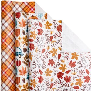 lezakaa fall wrapping paper roll - mini roll - maple leaf with hello autumn chestnut and car/plaid print for gift wrap, craft - 17 x 120 inches - 3 rolls (42.5 sq.ft.ttl.)