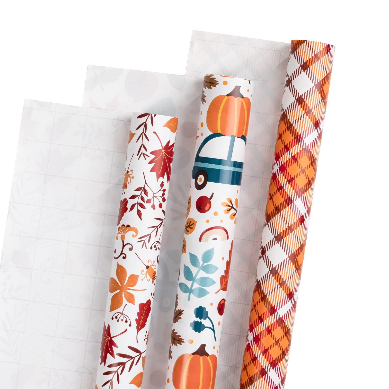 LeZakaa Fall Wrapping Paper Roll - Mini Roll - Maple Leaf with Hello Autumn Chestnut and Car/Plaid Print for Gift Wrap, Craft - 17 x 120 inches - 3 Rolls (42.5 sq.ft.ttl.)