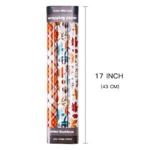 LeZakaa Fall Wrapping Paper Roll - Mini Roll - Maple Leaf with Hello Autumn Chestnut and Car/Plaid Print for Gift Wrap, Craft - 17 x 120 inches - 3 Rolls (42.5 sq.ft.ttl.)