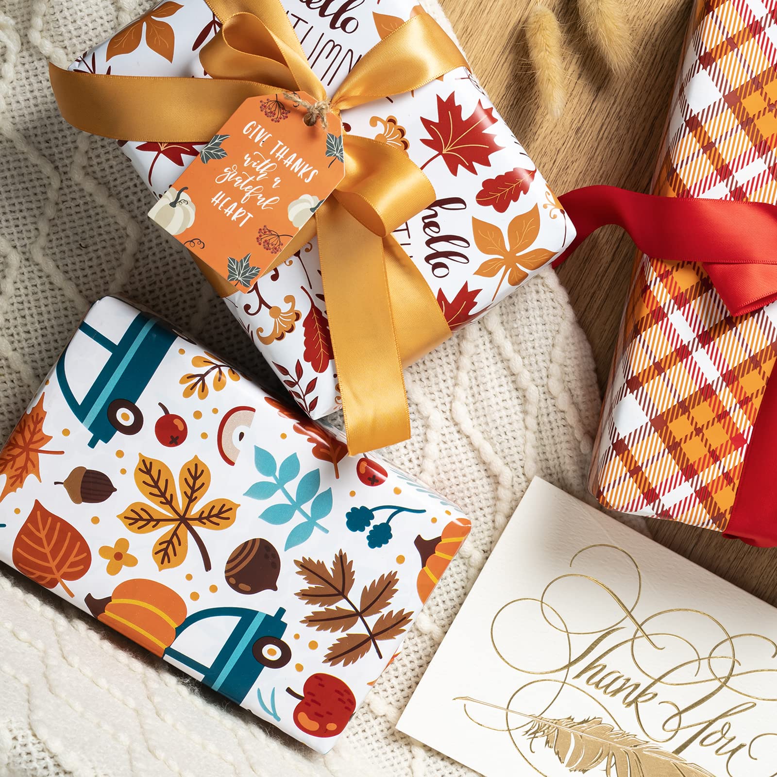 LeZakaa Fall Wrapping Paper Roll - Mini Roll - Maple Leaf with Hello Autumn Chestnut and Car/Plaid Print for Gift Wrap, Craft - 17 x 120 inches - 3 Rolls (42.5 sq.ft.ttl.)