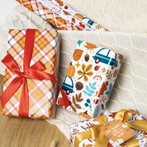 LeZakaa Fall Wrapping Paper Roll - Mini Roll - Maple Leaf with Hello Autumn Chestnut and Car/Plaid Print for Gift Wrap, Craft - 17 x 120 inches - 3 Rolls (42.5 sq.ft.ttl.)