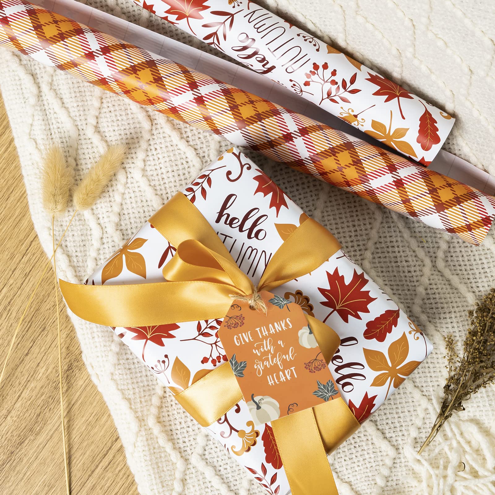 LeZakaa Fall Wrapping Paper Roll - Mini Roll - Maple Leaf with Hello Autumn Chestnut and Car/Plaid Print for Gift Wrap, Craft - 17 x 120 inches - 3 Rolls (42.5 sq.ft.ttl.)