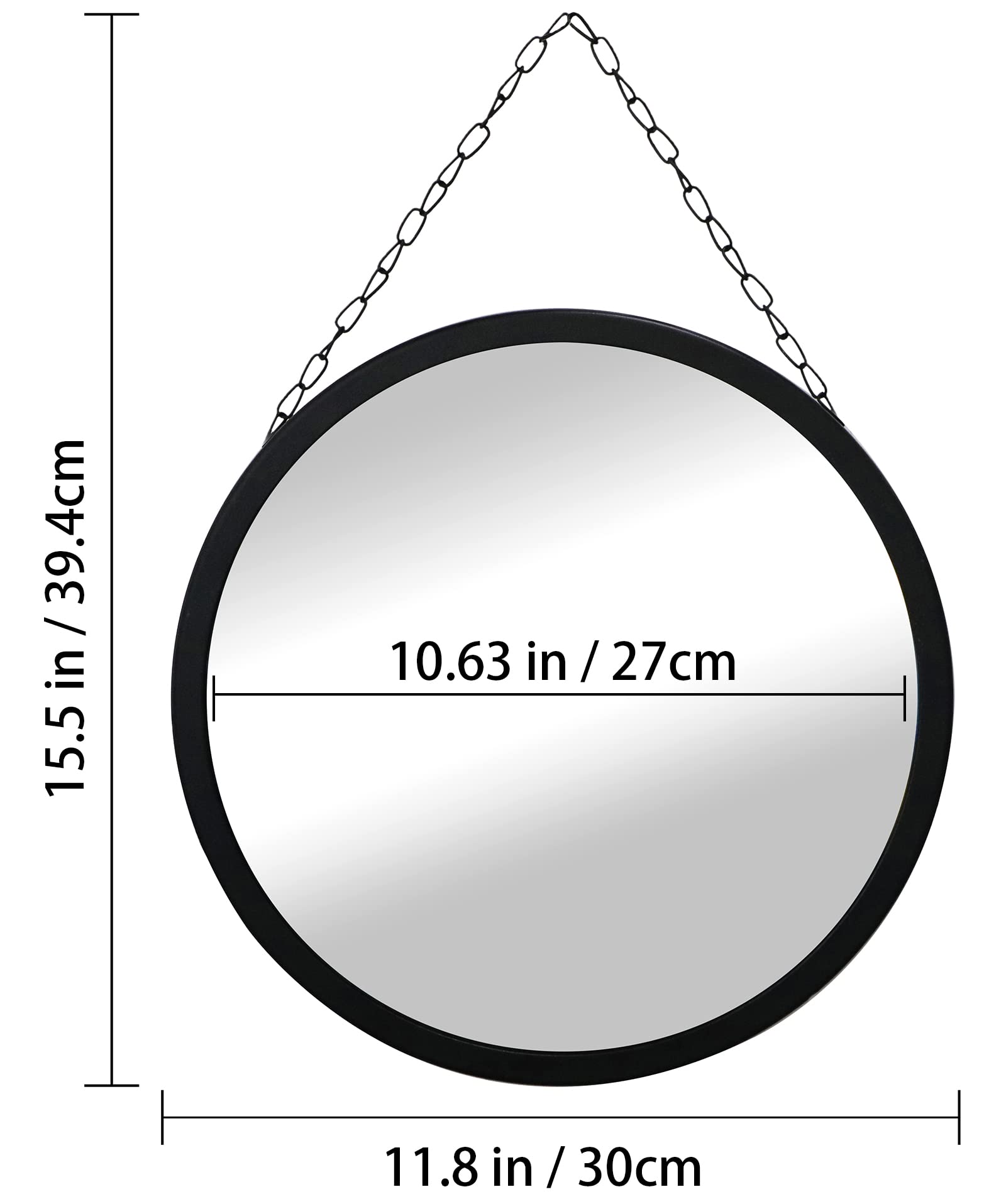 SANY DAYO HOME 12 inch Real Glass Black Round Mirror with Chain, Metal Framed Small Wall Hanging Circle Bathroom Shower Mirror for Home, Office, Door, Locker