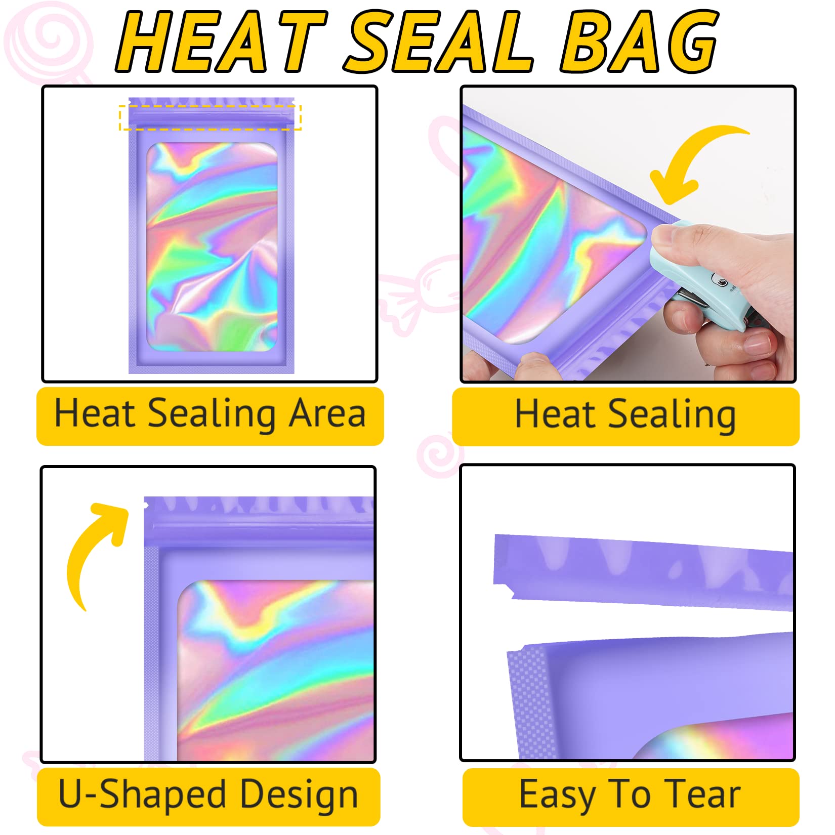 TIFICAL Holographic Sample Resealable Bags for Small Business, Foil Freshies Bags for Food Storage,Packaging, Eyelash, Jewelry, Lip Gloss,Smell Proof, 100 PCS