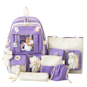 DACHAIHU Kawaii Backpack 5Pcs Set Aesthetic School Bags 17in Cute Bookbag with Badge&Pendant,Shoulder Bag,Pencil Box,Tote Bag,Small Bag Purple