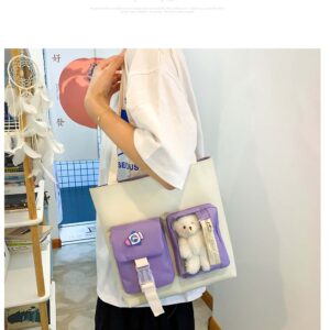 DACHAIHU Kawaii Backpack 5Pcs Set Aesthetic School Bags 17in Cute Bookbag with Badge&Pendant,Shoulder Bag,Pencil Box,Tote Bag,Small Bag Purple