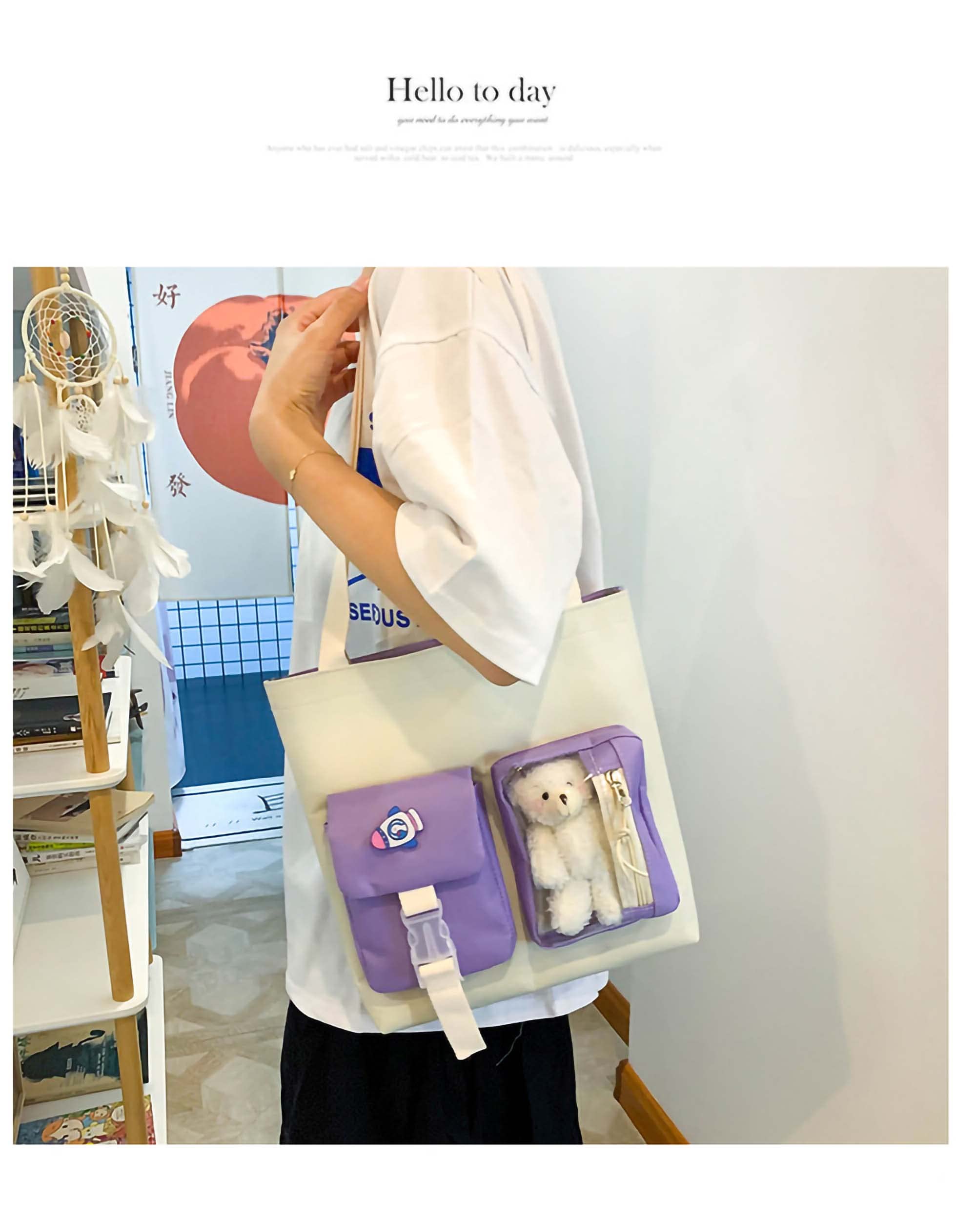 DACHAIHU Kawaii Backpack 5Pcs Set Aesthetic School Bags 17in Cute Bookbag with Badge&Pendant,Shoulder Bag,Pencil Box,Tote Bag,Small Bag Purple