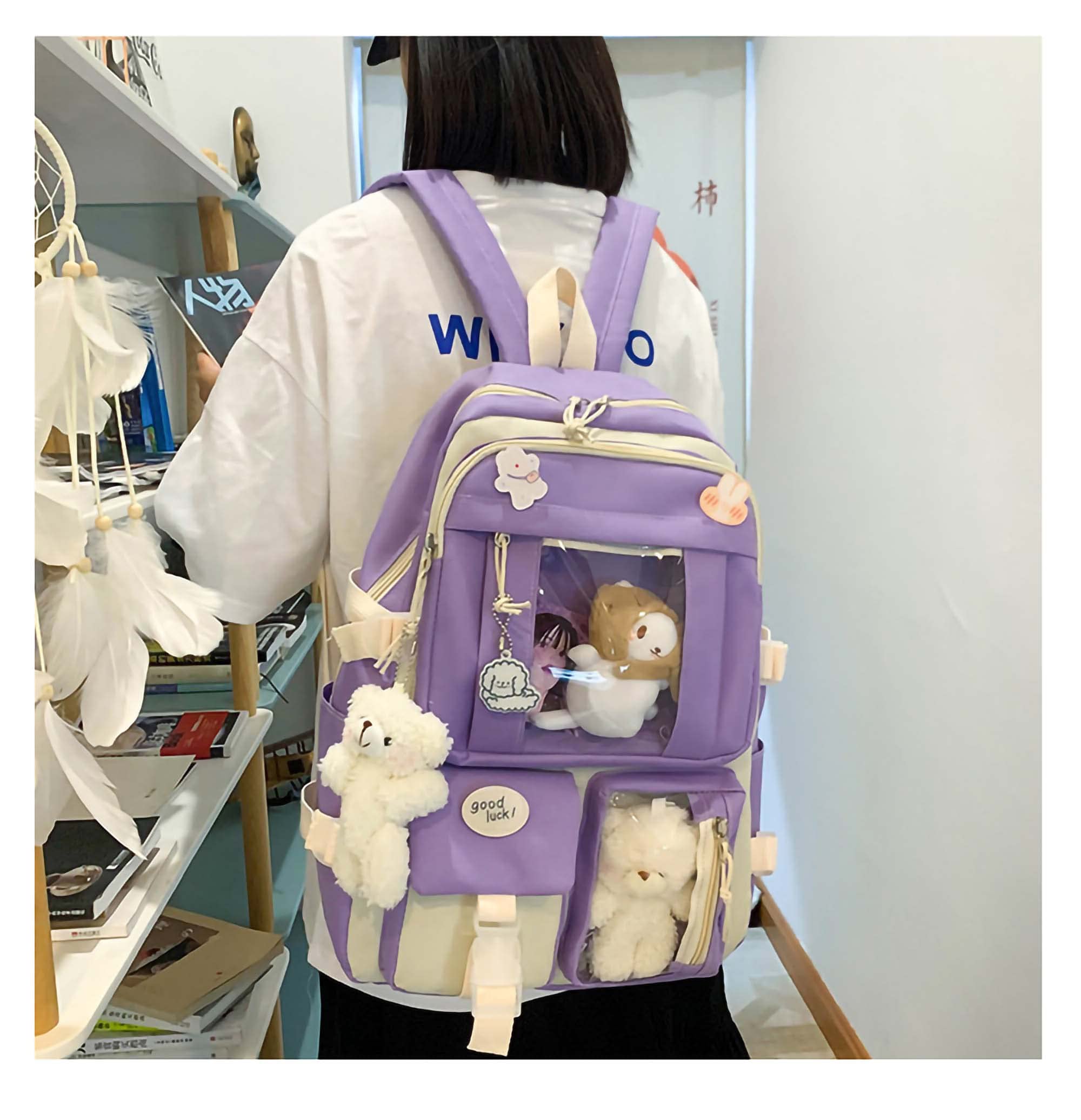 DACHAIHU Kawaii Backpack 5Pcs Set Aesthetic School Bags 17in Cute Bookbag with Badge&Pendant,Shoulder Bag,Pencil Box,Tote Bag,Small Bag Purple