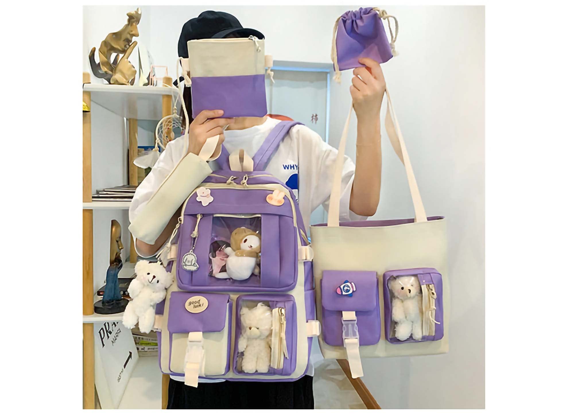 DACHAIHU Kawaii Backpack 5Pcs Set Aesthetic School Bags 17in Cute Bookbag with Badge&Pendant,Shoulder Bag,Pencil Box,Tote Bag,Small Bag Purple