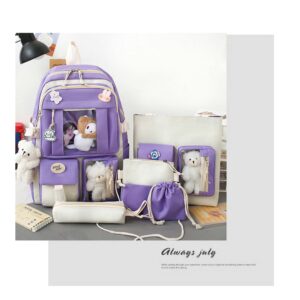 DACHAIHU Kawaii Backpack 5Pcs Set Aesthetic School Bags 17in Cute Bookbag with Badge&Pendant,Shoulder Bag,Pencil Box,Tote Bag,Small Bag Purple