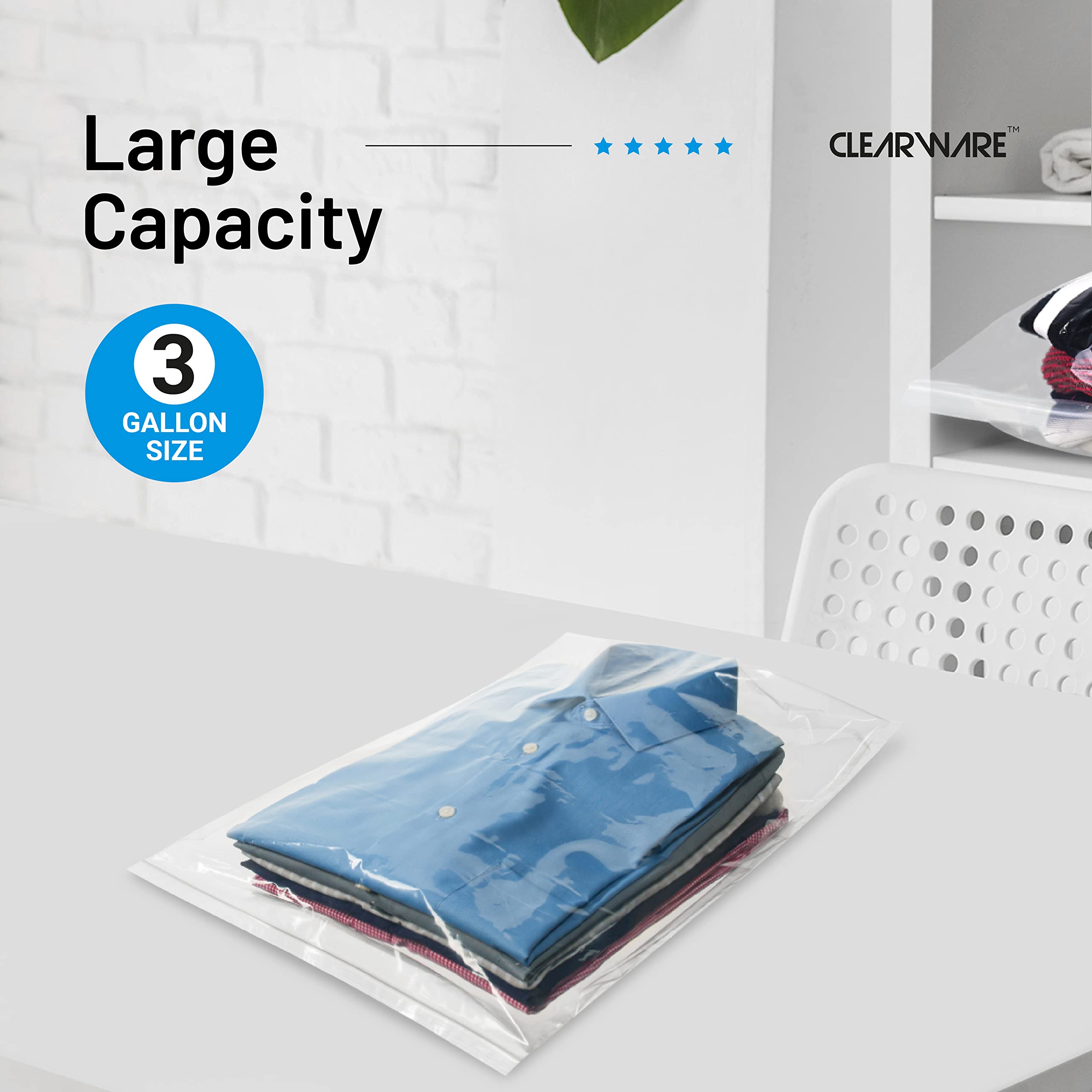 12 Large Plastic Bags With Zipper Top - 3 Gallon Bags 16" x 18", Extra Large Storage Bags for Clothes, Travel, Moving, Large Reusable freezer bags, BPA-Free, 2-mil Thick Clear Plastic Bags