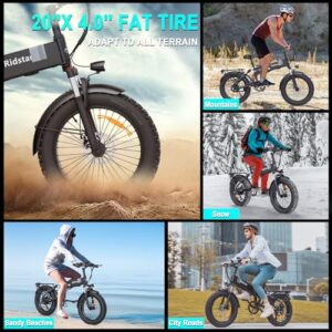 Ridstar Electric Bike for Adults, 1000W 48V 15Ah 30MPH 50 Miles E Bike, 20" x 4.0 Fat Tire Mountain Bike Dual Shock Absorber 7-Speed Foldable Bicycle