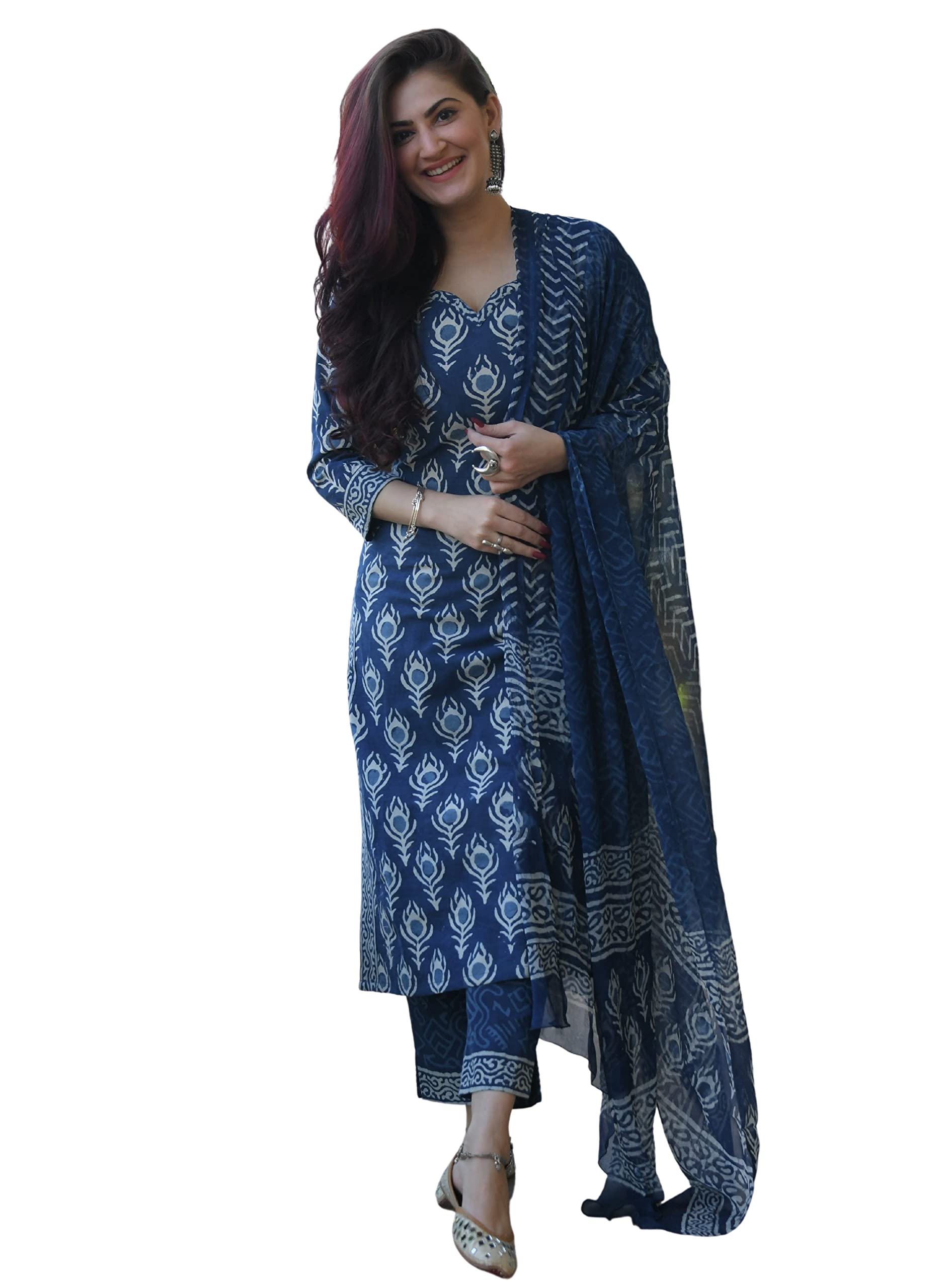 Amayra Women's Rayon Printed Straight Kurti with Palazzos and Dupatta Set(Blue,M)