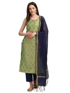 vredevogel women's motifs silk blend kurta pant and chanderi dupatta set, pista