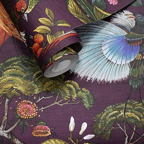 Holden Outside in Songbird Bird Theme Oriental Tropical Wallpaper Feature Wall Bedroom Livingroom Plum Deep Purple 13150