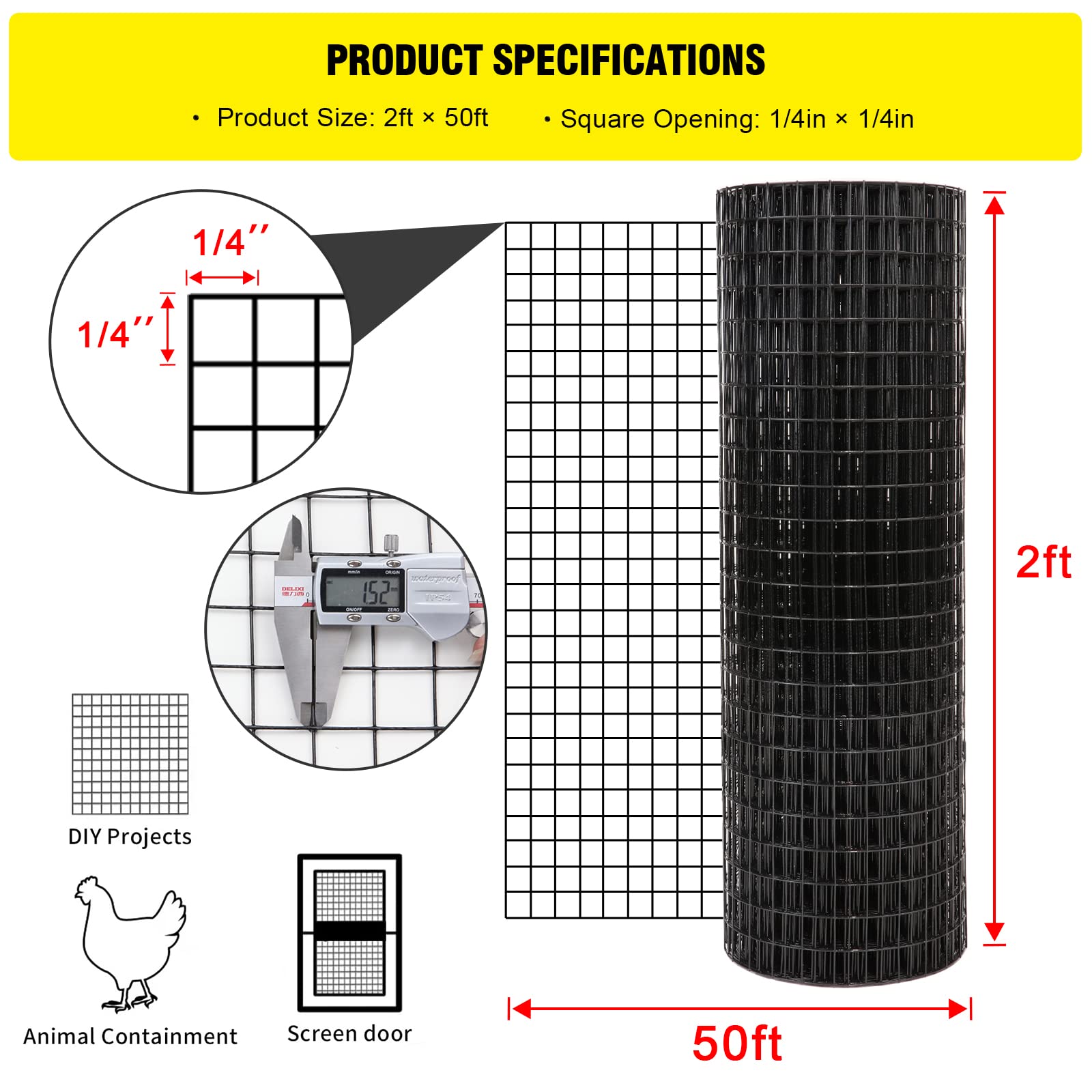 forimo 24'' x 50' 1/4inch Hardware Cloth 19 Gauge Black Vinyl Coated Welded Fence Mesh for Home and Garden Fence and Home