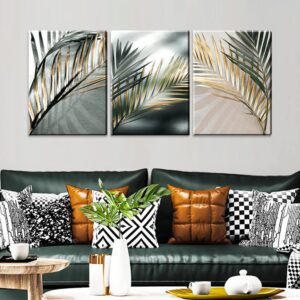 Sdmikeflax Botanical Wall art for Living Room Tropical Plant Wall Art Canvas Prints Set Bathroom Decor Wall Art, Contemporary Green Gold Wall Art for Bedroom, Modern Wall Pictures Office Wall Art