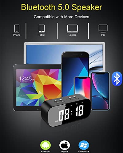 AFK Alarm Clock for Bedroom/Office,Digital Clock with Bluetooth Speaker,Small Alarm Clock for Heavy Sleepers Adults/Teens with Dual Alarms,Mirror LED Display,Hands-free Calling.(12H Format)