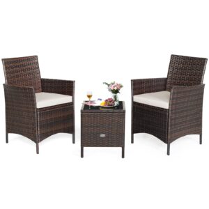 Tangkula 3-Piece Patio Conversation Set, Wicker Chairs with Glass Top Square Coffee Table & Cushions, All-Weather Outdoor Rattan Furniture Set for Garden Backyard Balcony Poolside (White)