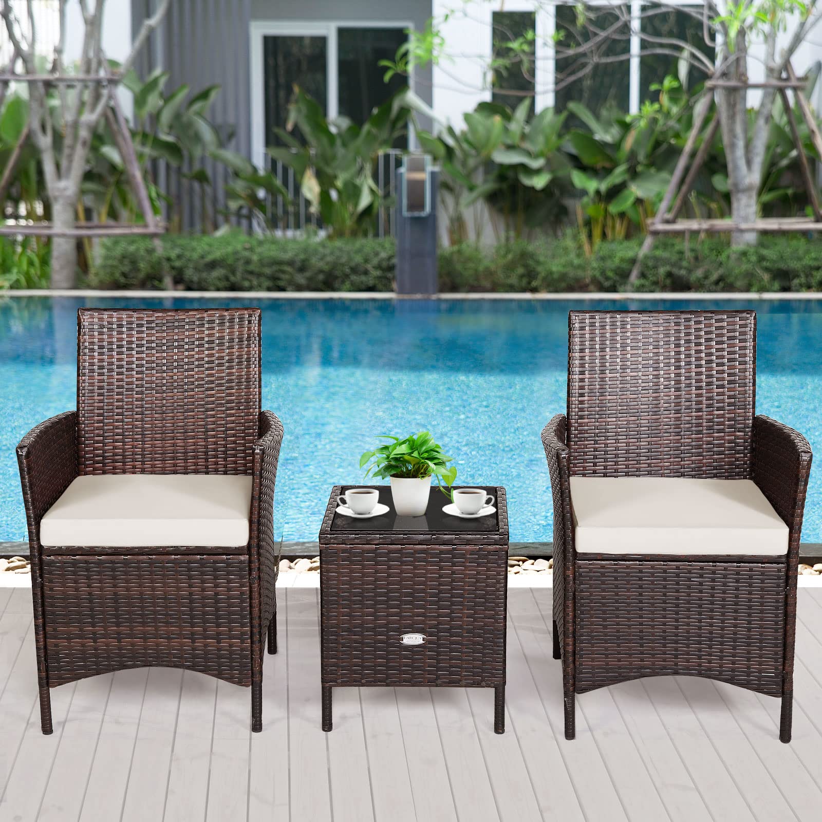 Tangkula 3-Piece Patio Conversation Set, Wicker Chairs with Glass Top Square Coffee Table & Cushions, All-Weather Outdoor Rattan Furniture Set for Garden Backyard Balcony Poolside (White)