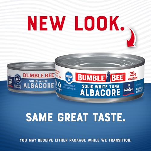 Bumble Bee Solid White Albacore Tuna in Water, 5 oz Can (Pack of 48) - Wild Caught Tuna - 29g Protein per Serving, High in Omega-3s - Non-GMO Project Verified, Gluten Free, Kosher