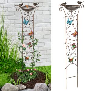 lewis&wayne garden trellis bird bath outdoor, 40 inch antique iron garden plant trellis decorative with butterflies and detachable drinking basin bowl, free standing birdbath birdfeeder station