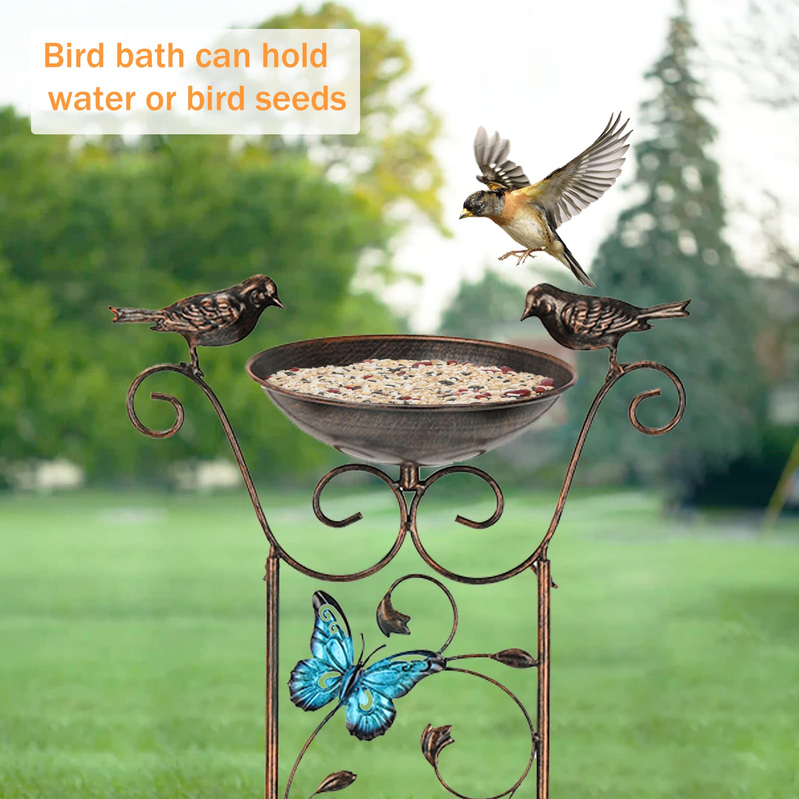 LEWIS&WAYNE Garden Trellis Bird Bath Outdoor, 40 Inch Antique Iron Garden Plant Trellis Decorative with Butterflies and Detachable Drinking Basin Bowl, Free Standing BirdBath Birdfeeder Station