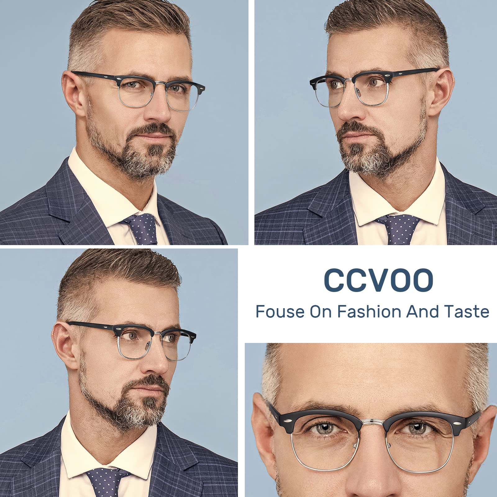 CCVOO 3 Pack Reading Glasses Blue Light Blocking, Retro Semi Rimless Readers for Men Women, Round Eyewear Filter UV400 (C1 Matte Black Silver/Clear Silver/Tea Gold, 2.0, multiplier_x)