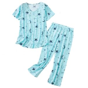 Women Short Sleeve Pajama Set Tops with Capri Pants Cartoon Print Sleep Shirt Two Piece Sleepwear Pj Set Green Star XL