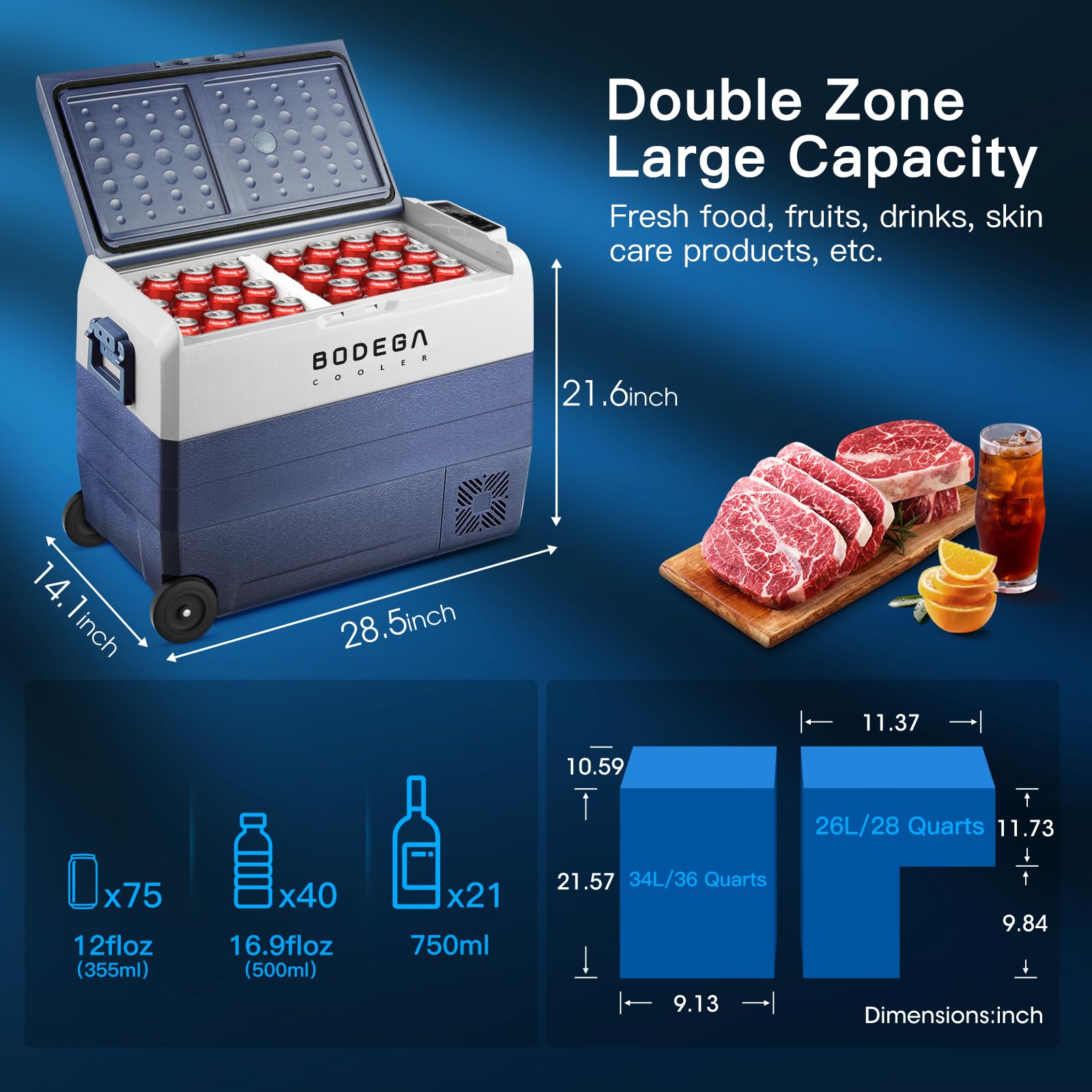 BODEGACOOLER 12 Volt Refrigerator,64 Quart Car Fridge Dual Zone WIFI APP Control,Portable Refrigerator Freezer （60L）-4℉-68℉,12v Cooler Fridge,12/24V DC and 100-240V AC for Outdoor,Camping,Travel,RV